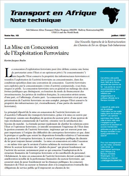 La Mise en Concession de l'Exploitation Ferroviaire : Une Nouvelle Approche de la Restructuration des Chemins de Fer en Afrique Sub-Saharienne