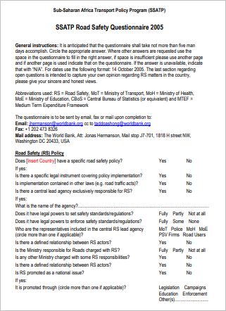 SSATP Road Safety Questionnaire 