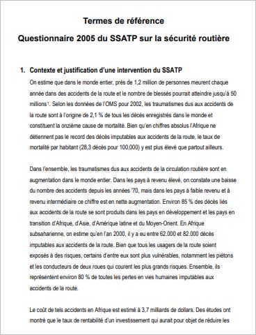 Termes de référence - Questionnaire 2005 du SSATP sur la sécurité routière