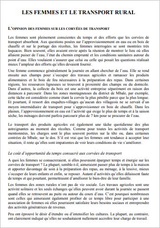 Une étude de cas sur les moyens intermédiaires de transport en Ouganda -- Les bicyclettes et les travaux des femmes en milieu rural -- Section V